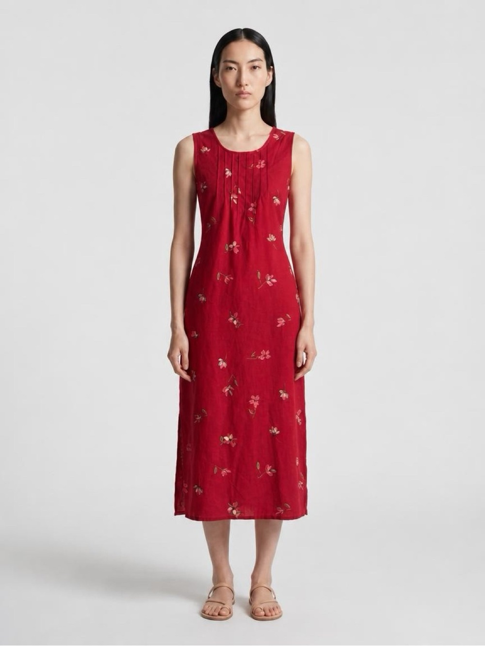 🌸 Vintage Linen Cotton Floral Adjustable Waist Dress – Size 12/14 🌸